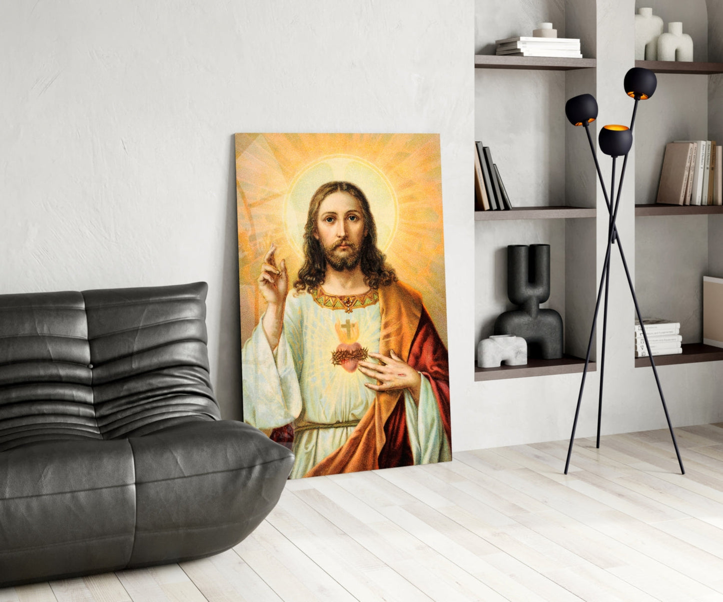 Vintage Sacred Heart Halo Jesus Glass Wall Art