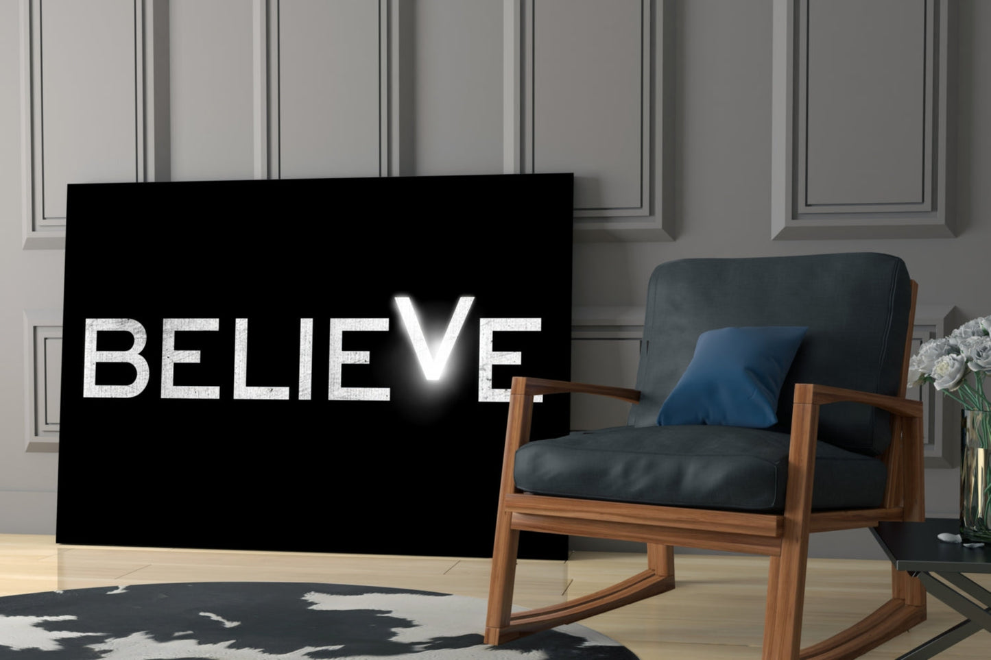 Black glass wall art displaying white illuminated "BELIEVE" text in modern living room with wooden chair and paneled wall.