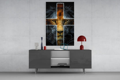 Glowing Cross Faith Lion Glass Wall Art