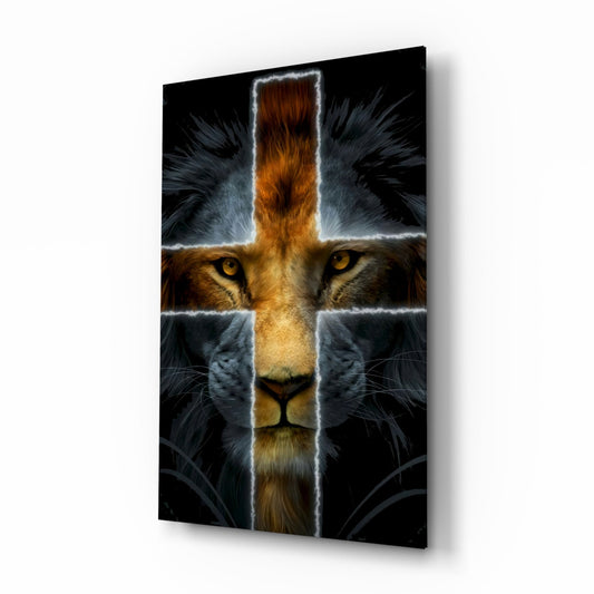 Lion's face centered behind a glowing white cross on black glass panel, displayed at angle showing depth and shadow.