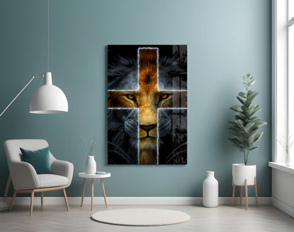 Glowing Cross Faith Lion Glass Wall Art