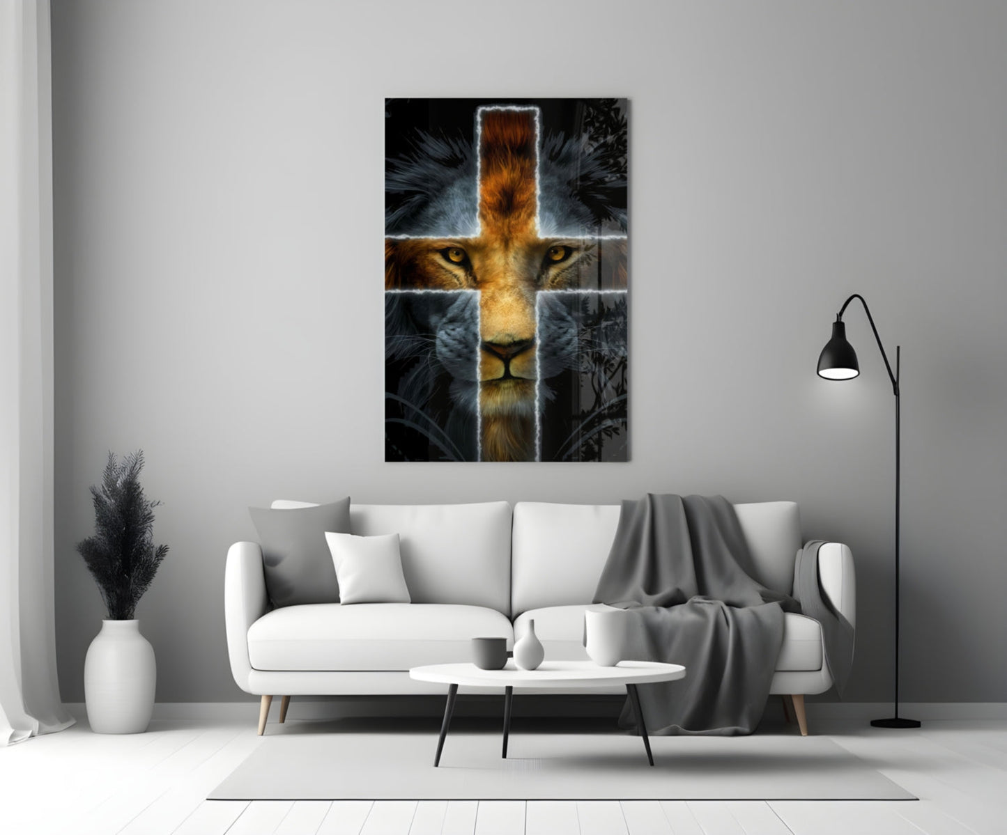Glowing Cross Faith Lion Glass Wall Art