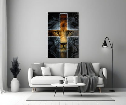 Glowing Cross Faith Lion Glass Wall Art