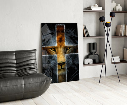 Glowing Cross Faith Lion Glass Wall Art