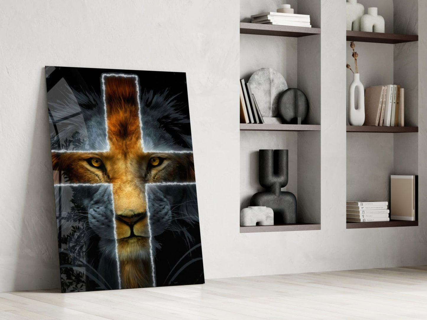 Glowing Cross Faith Lion Glass Wall Art