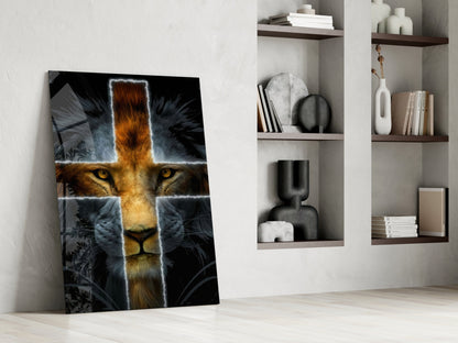 Glowing Cross Faith Lion Glass Wall Art