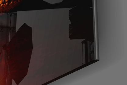 Close-up angled view of red and black baseball glass wall art mounted on white wall with shadow silhouettes visible.