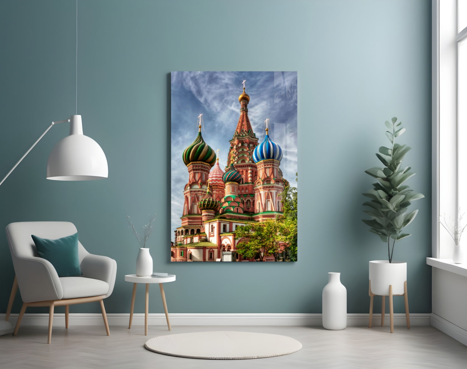 Saint Basil's Cathedral glass wall art displayed on turquoise wall above white armchair in modern interior setting.