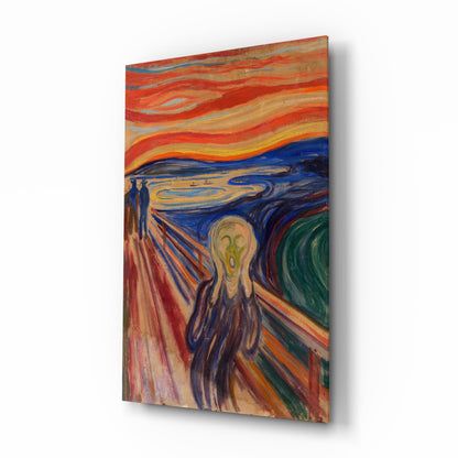 Glass wall art featuring Edvard Munch's "The Scream" painting displayed at an angle, showing vibrant swirling blues, reds, oranges, and yellows with the central anguished figure.
