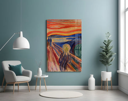 Glass wall art reproduction of "The Scream" painting displayed above a white armchair in a minimalist room with teal walls and potted plants.