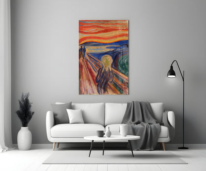 The Scream" glass wall art displayed above a white sofa in a minimalist living room interior.