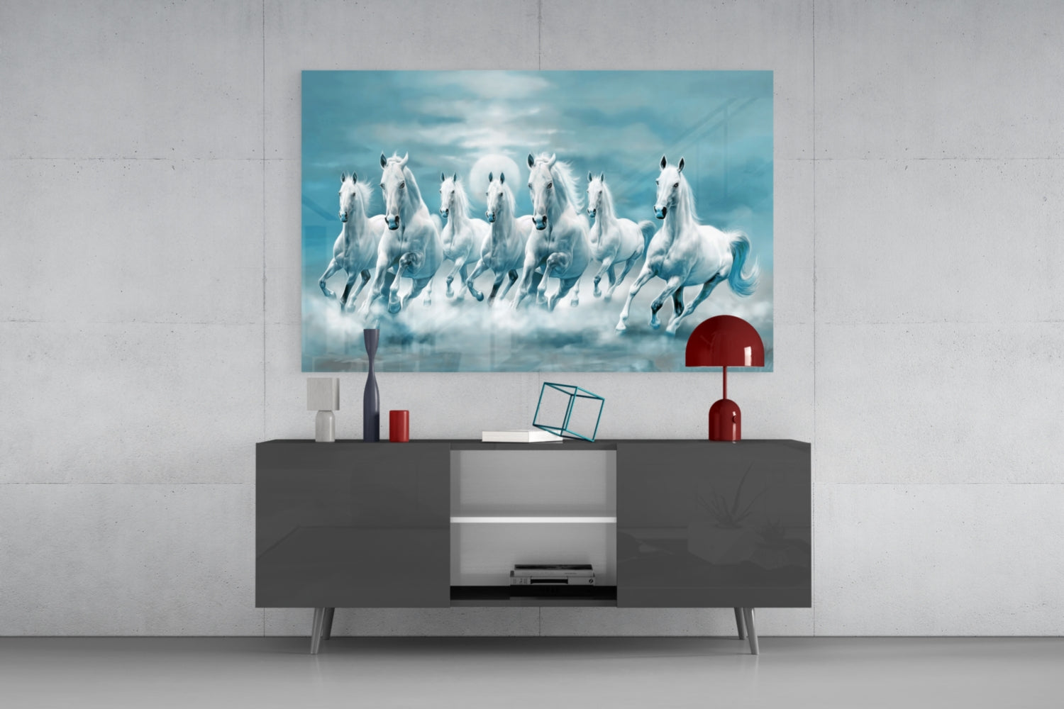 White horses glass wall art depicting seven galloping white horses against turquoise sky, displayed above dark console table in modern interior.