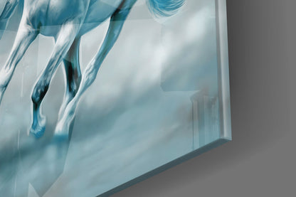 Close-up of frosted glass wall art featuring blue and white painted horse legs and hooves in motion.
