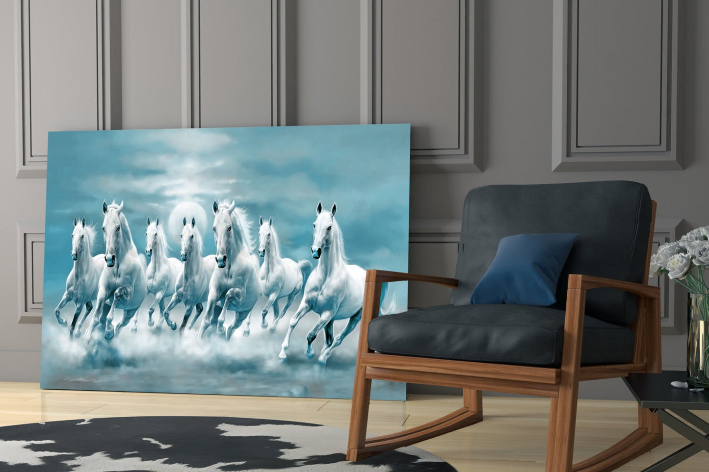 White Horses Glass Wall Art displayed leaning against a wall next to a wooden chair in a modern interior setting.