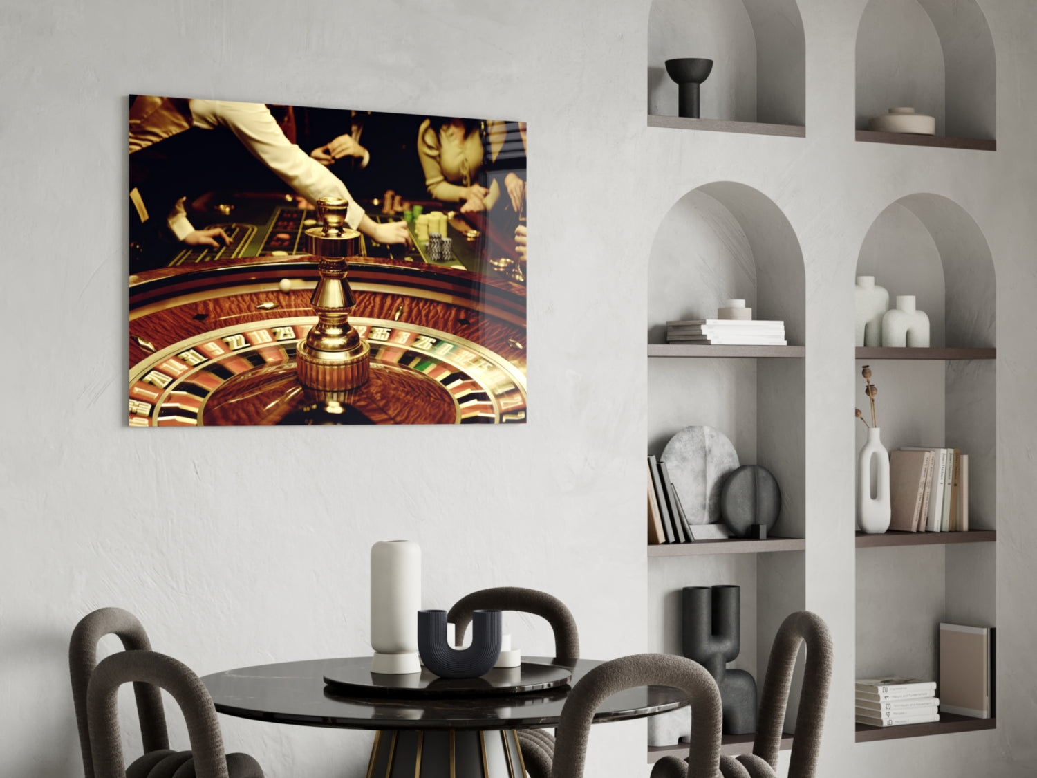 Roulette wheel glass wall art mounted above round dining table in modern interior with arched shelving unit.