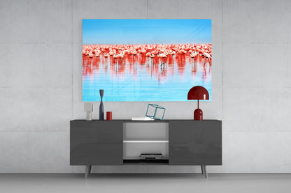 Pink Flock On Blue Lake Flamingos Glass Wall Art