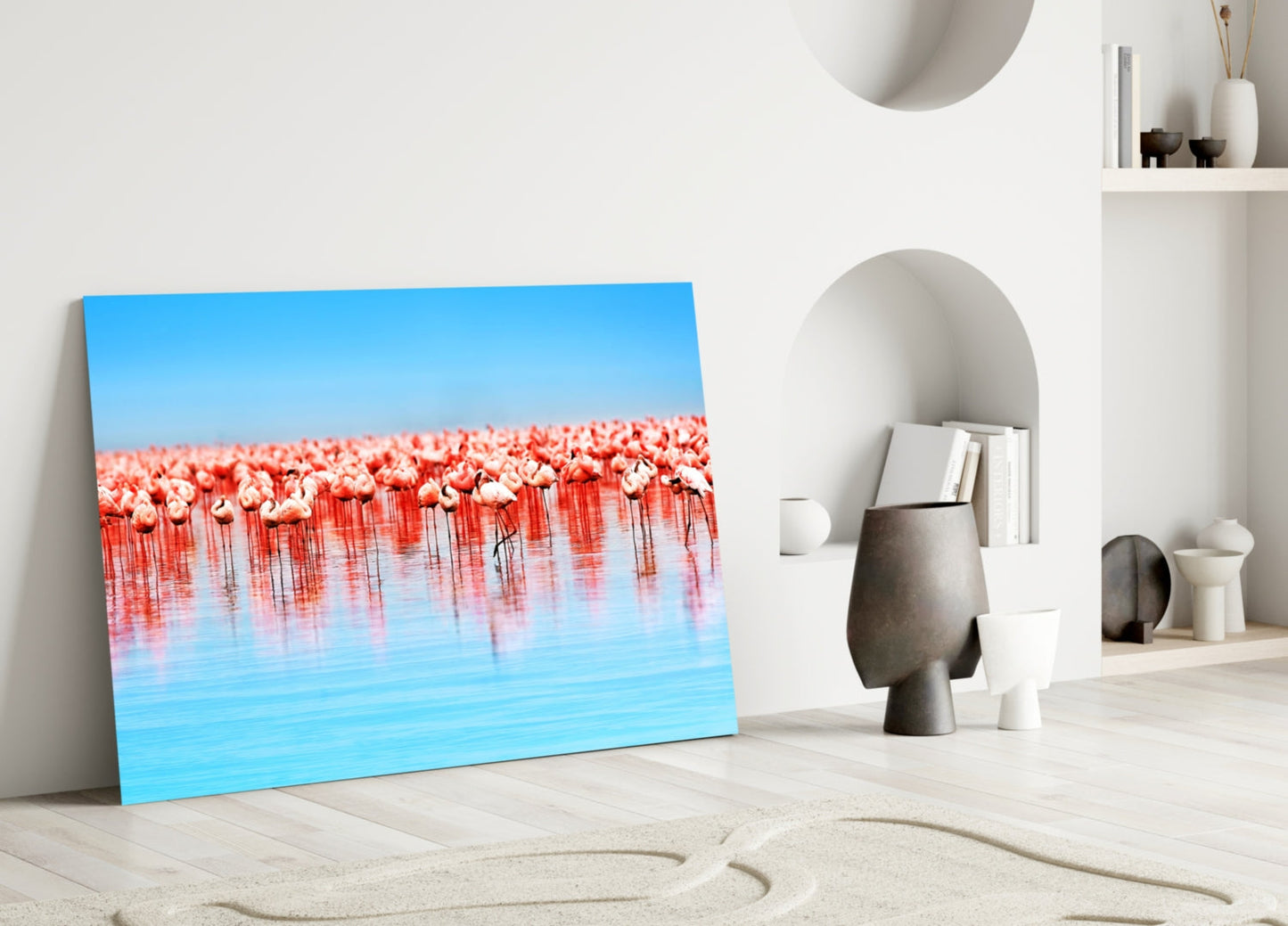 Pink Flock On Blue Lake Flamingos Glass Wall Art