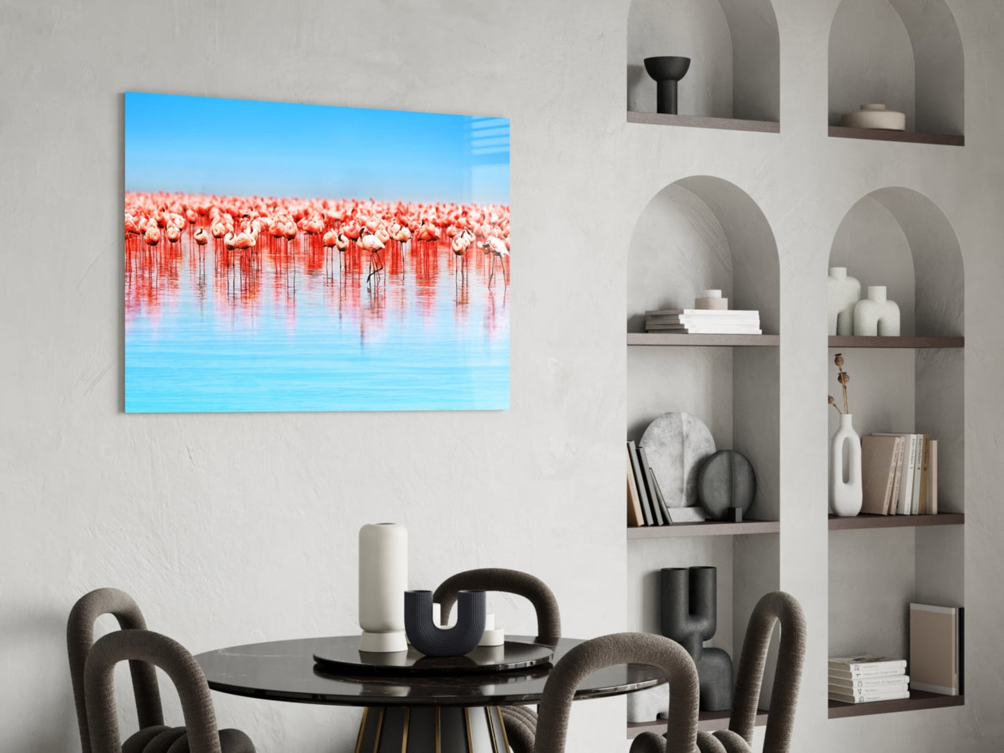 Pink Flock On Blue Lake Flamingos Glass Wall Art