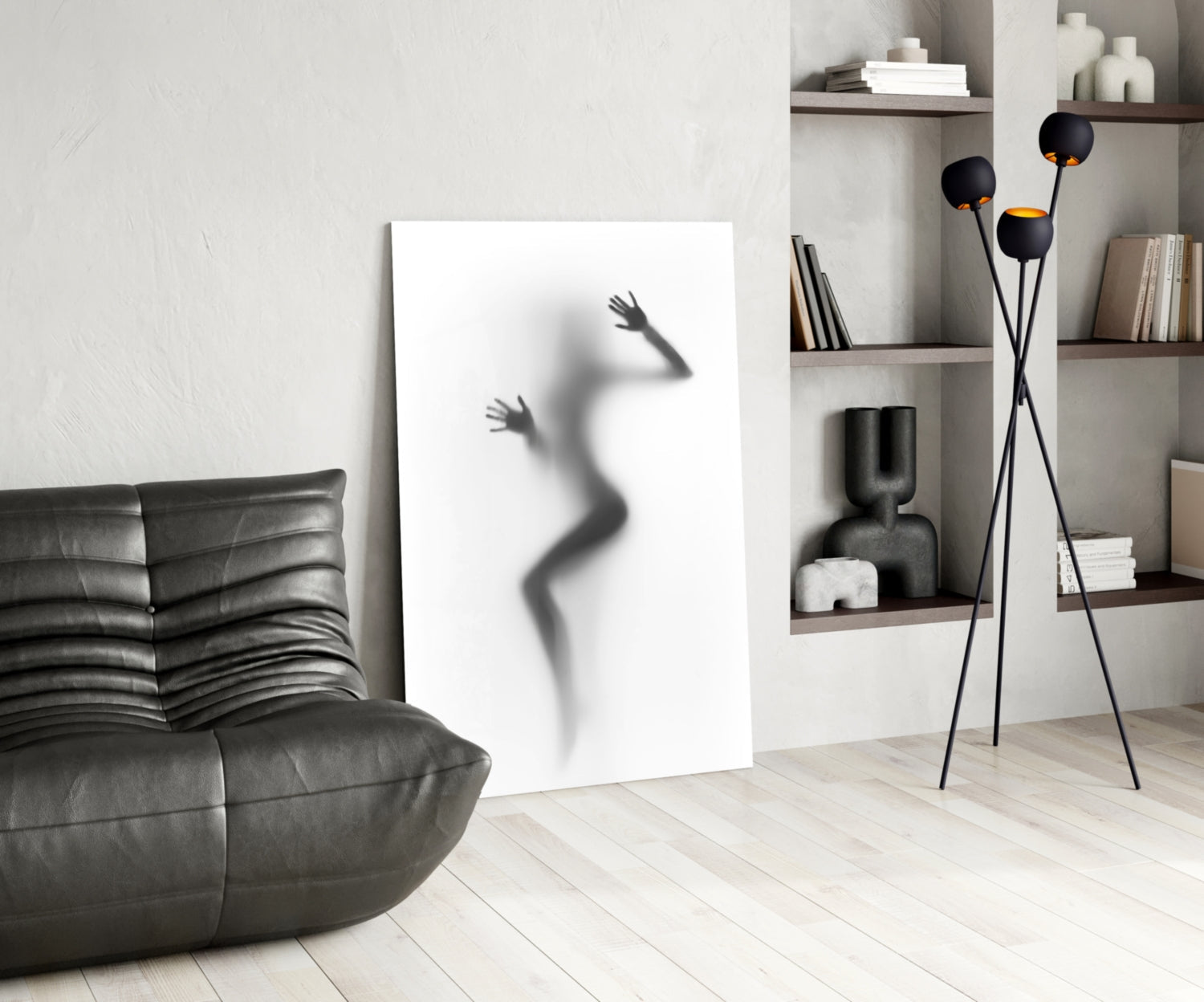 Modern living room interior featuring frosted glass wall art with silhouette of woman's figure displayed against white wall.