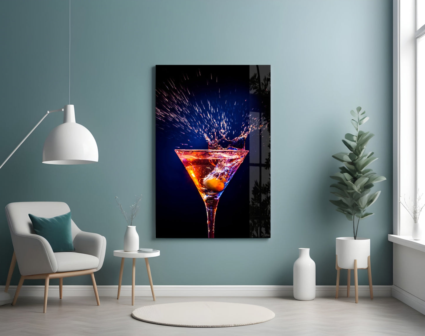 Amber Splash Martini Blue Backdrop Glass Wall Art