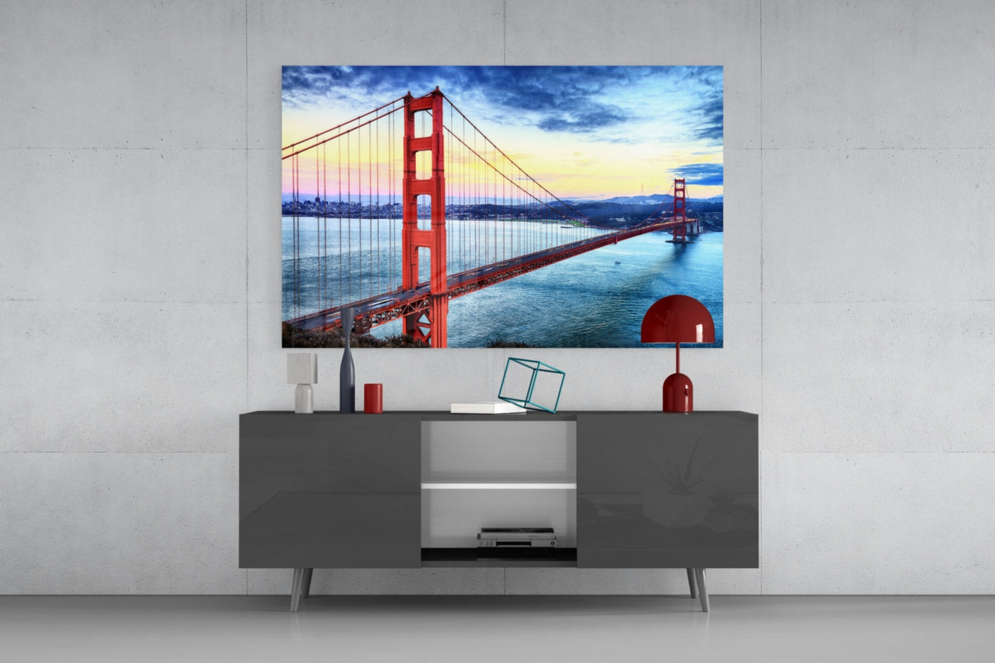 Golden Gate Bridge at Dusk Over Bay Glass Wall Art