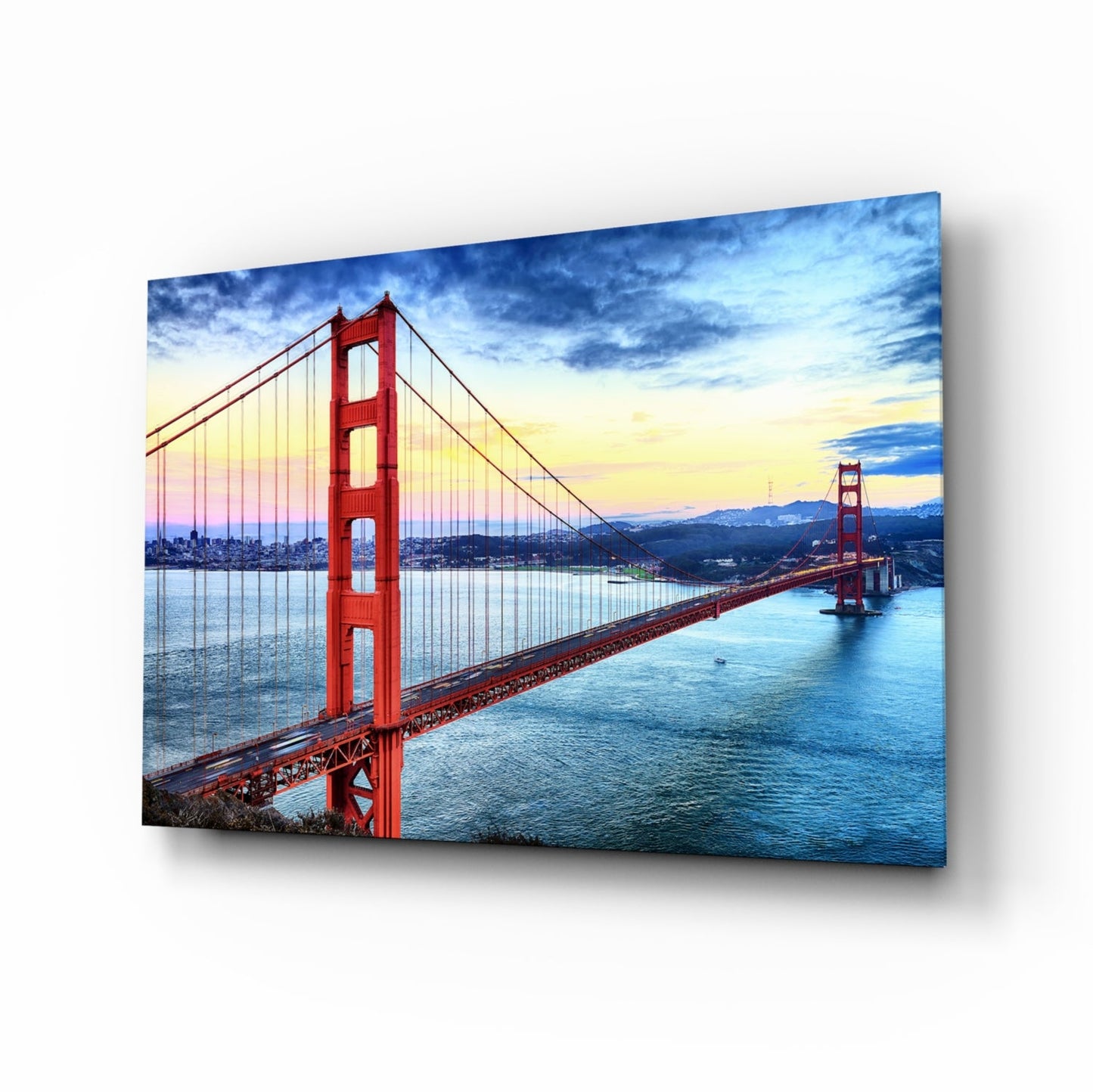 Golden Gate Bridge at Dusk Over Bay Glass Wall Art