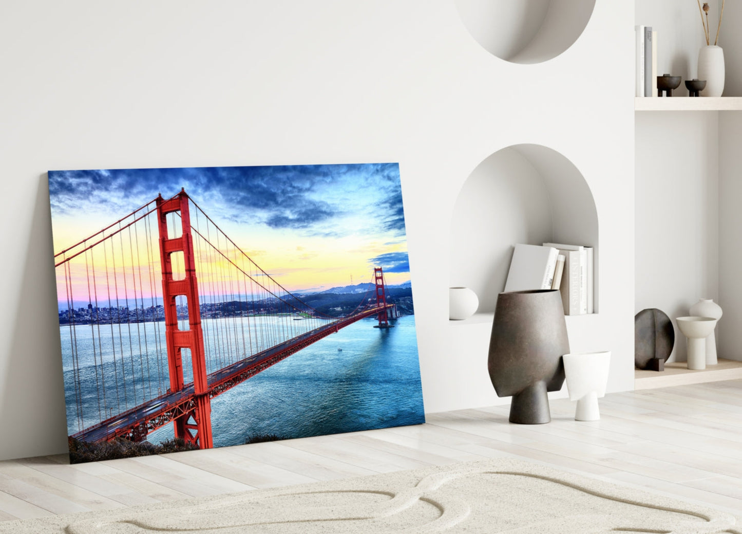 Golden Gate Bridge at Dusk Over Bay Glass Wall Art