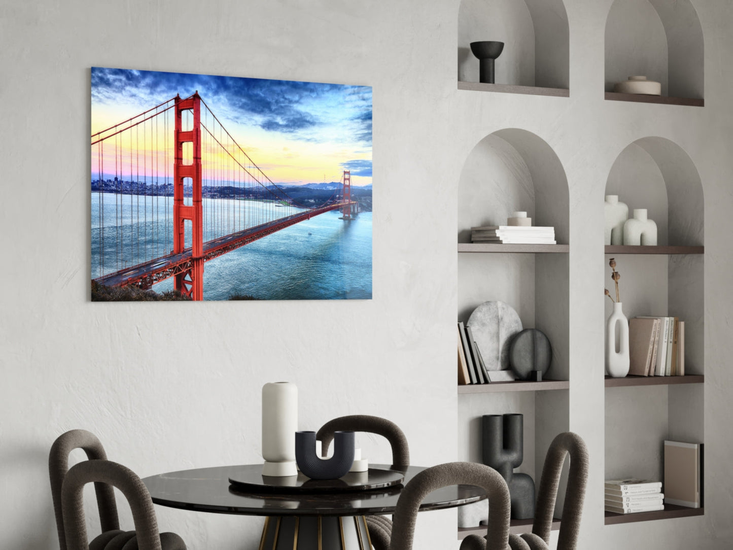 Golden Gate Bridge at Dusk Over Bay Glass Wall Art