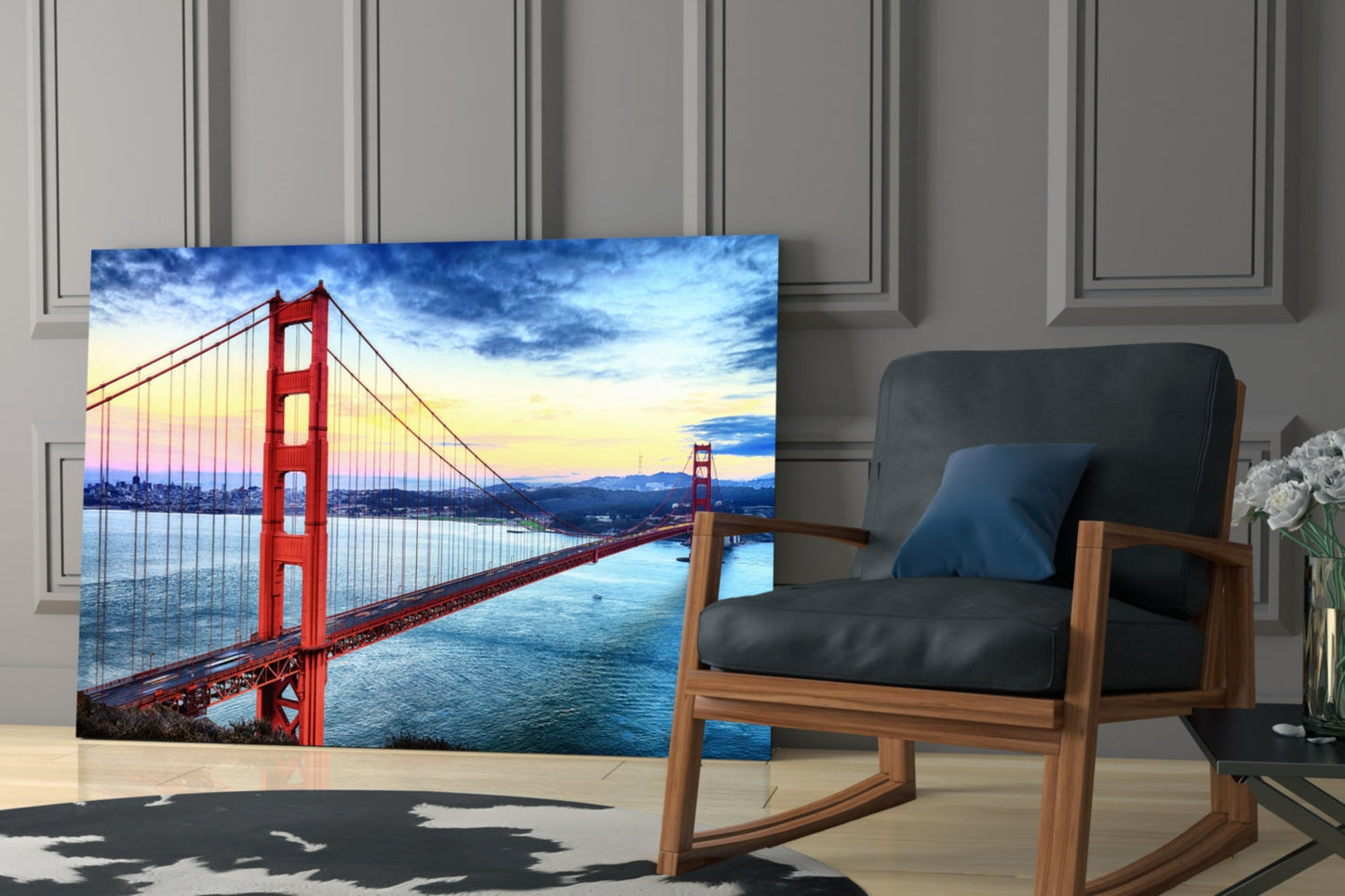 Golden Gate Bridge at Dusk Over Bay Glass Wall Art