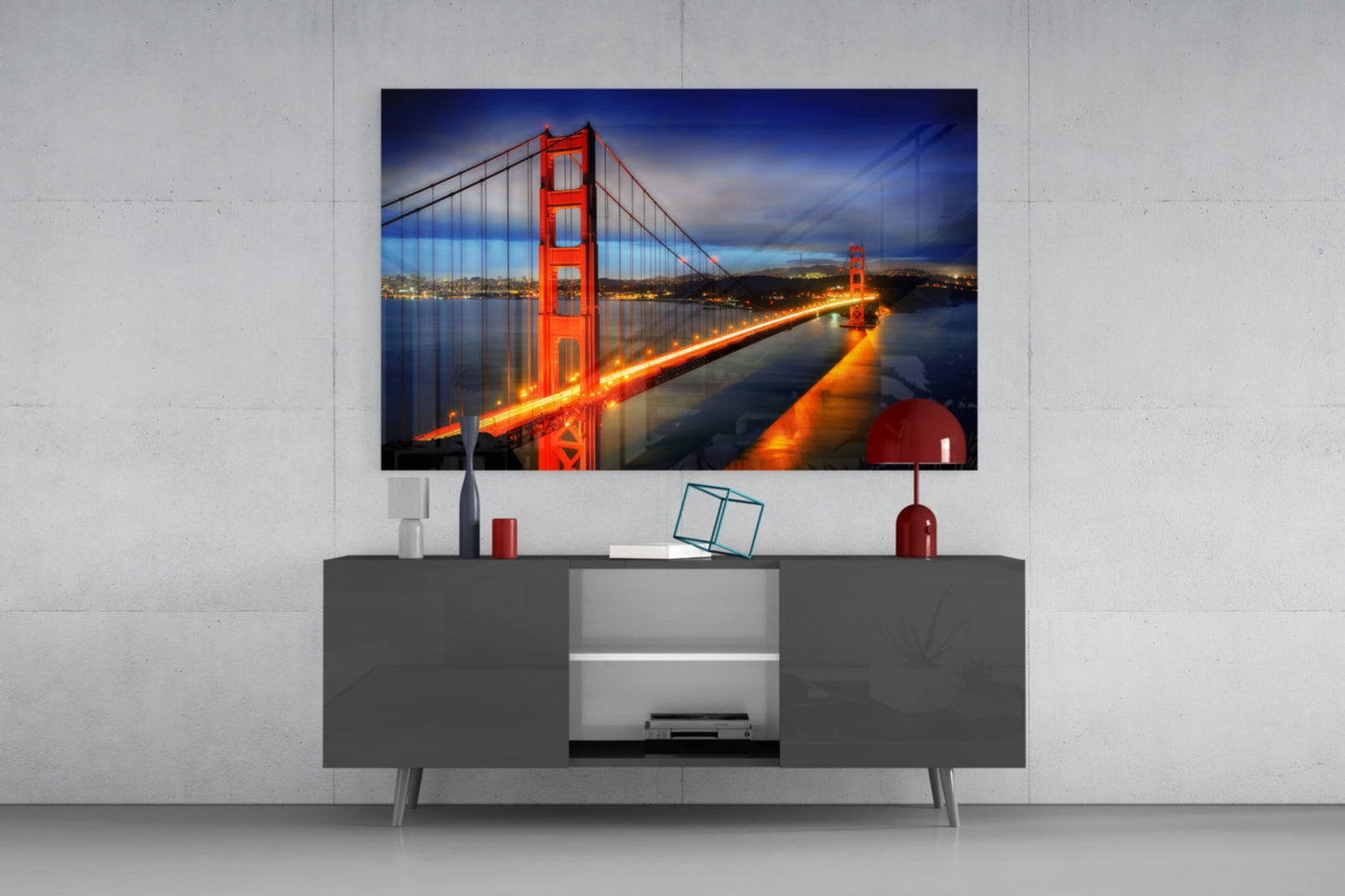 Golden Gate Bridge Night Lights Blue Hour Glass Wall Art