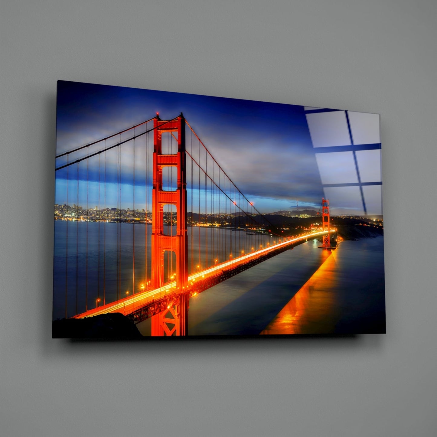 Golden Gate Bridge Night Lights Blue Hour Glass Wall Art