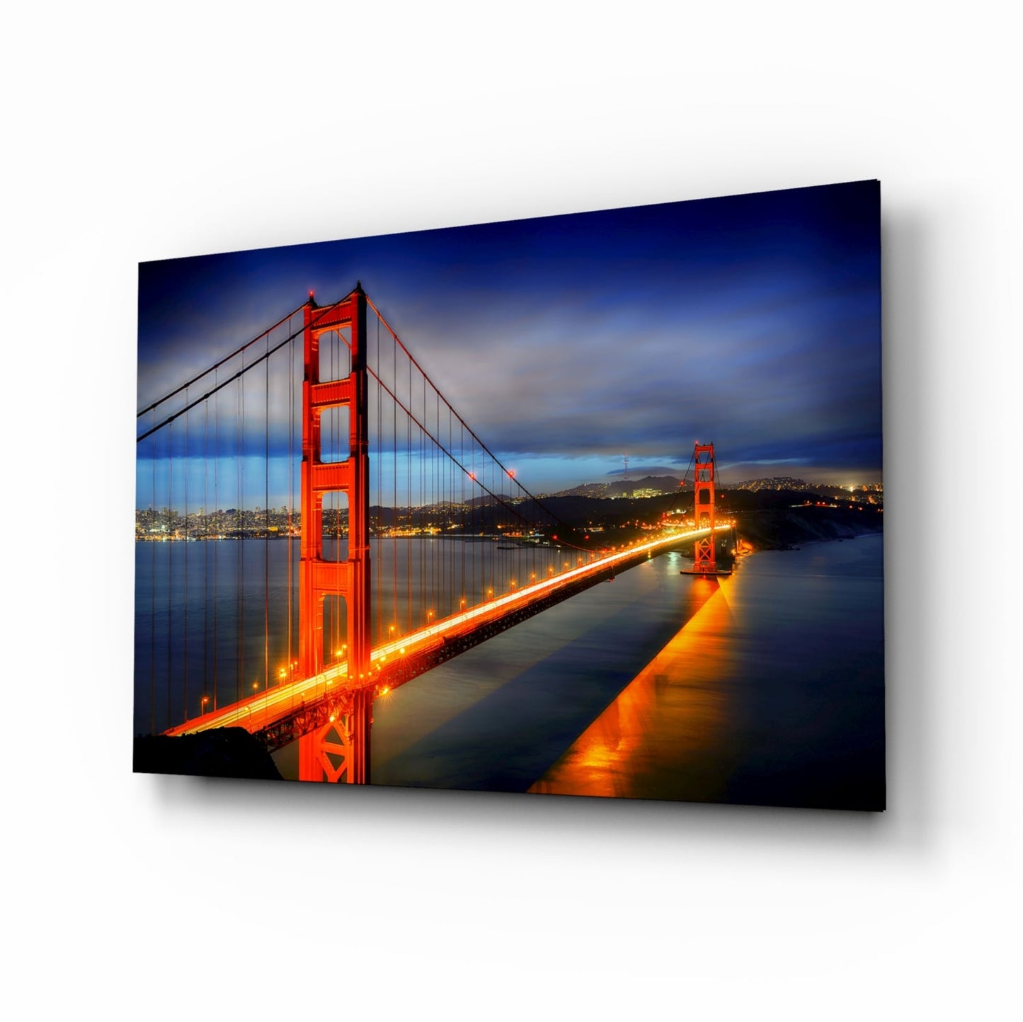 Golden Gate Bridge Night Lights Blue Hour Glass Wall Art