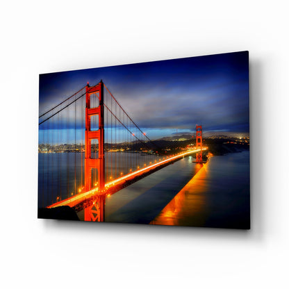 Golden Gate Bridge Night Lights Blue Hour Glass Wall Art