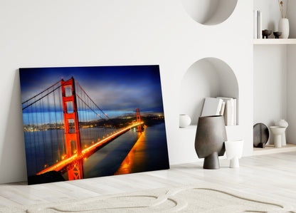 Golden Gate Bridge Night Lights Blue Hour Glass Wall Art