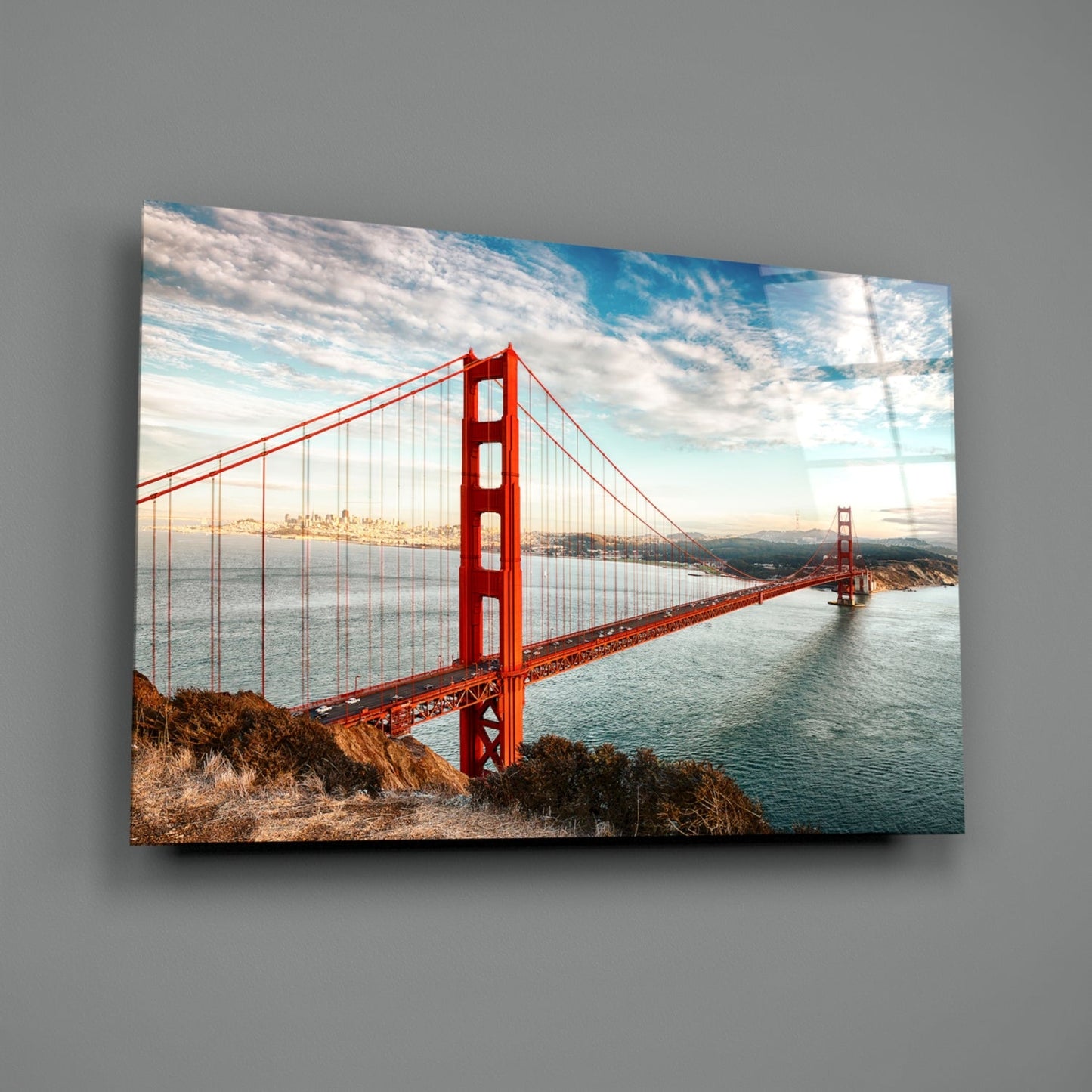 Golden Gate Bridge Daylight Cliff View Glass Wall Art