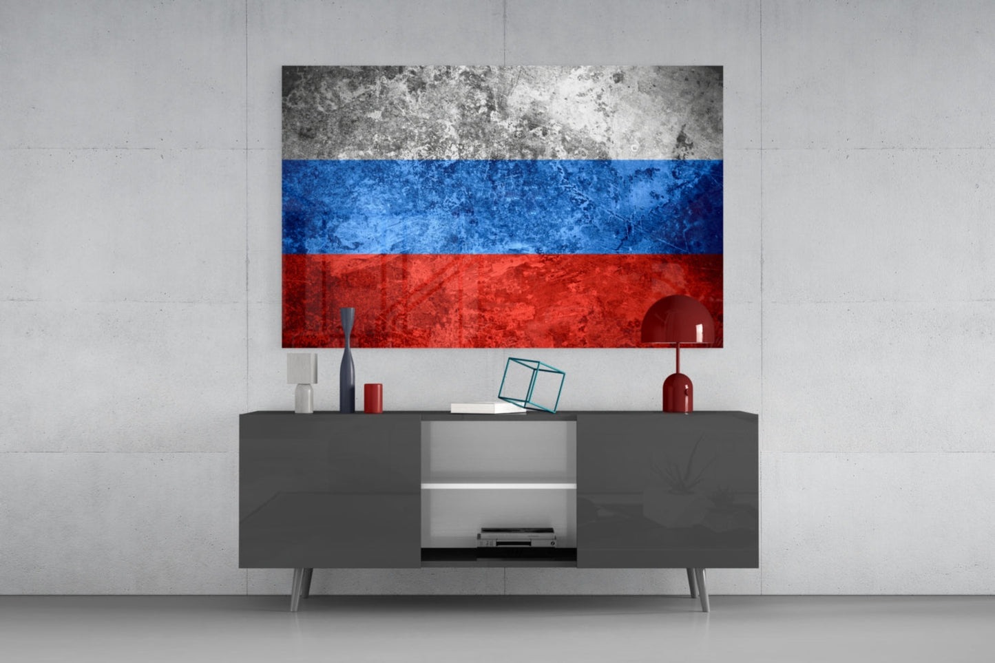 Russian flag glass wall art hanging above gray media console in minimalist interior setting.