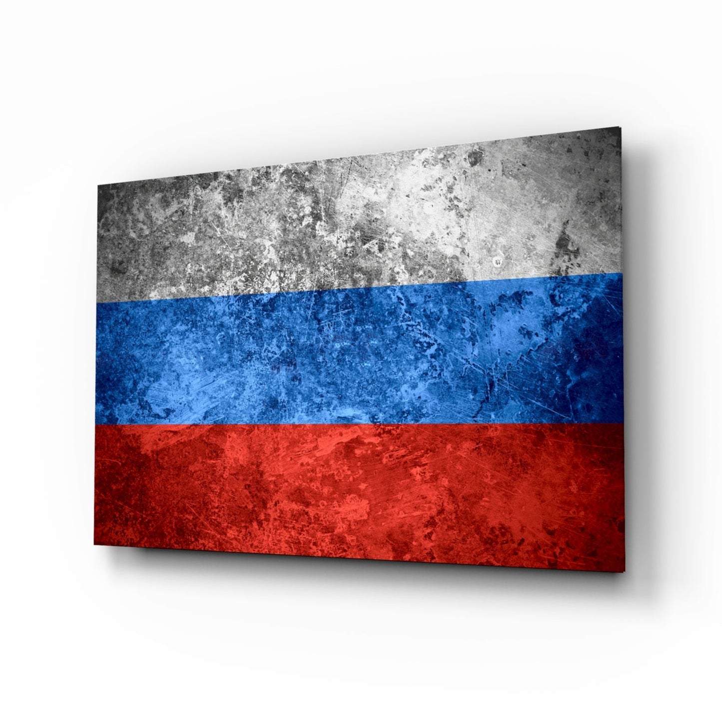 Russian flag glass wall art displayed at an angle, showing white, blue, and red horizontal stripes with a weathered, distressed texture.