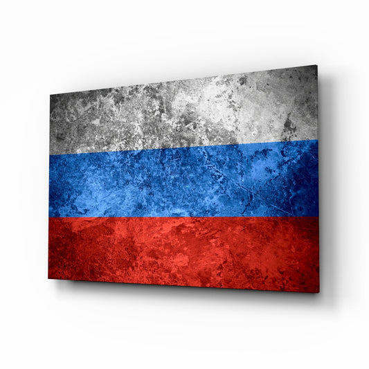 Russian flag glass wall art displayed at an angle, showing white, blue, and red horizontal stripes with a weathered, distressed texture.