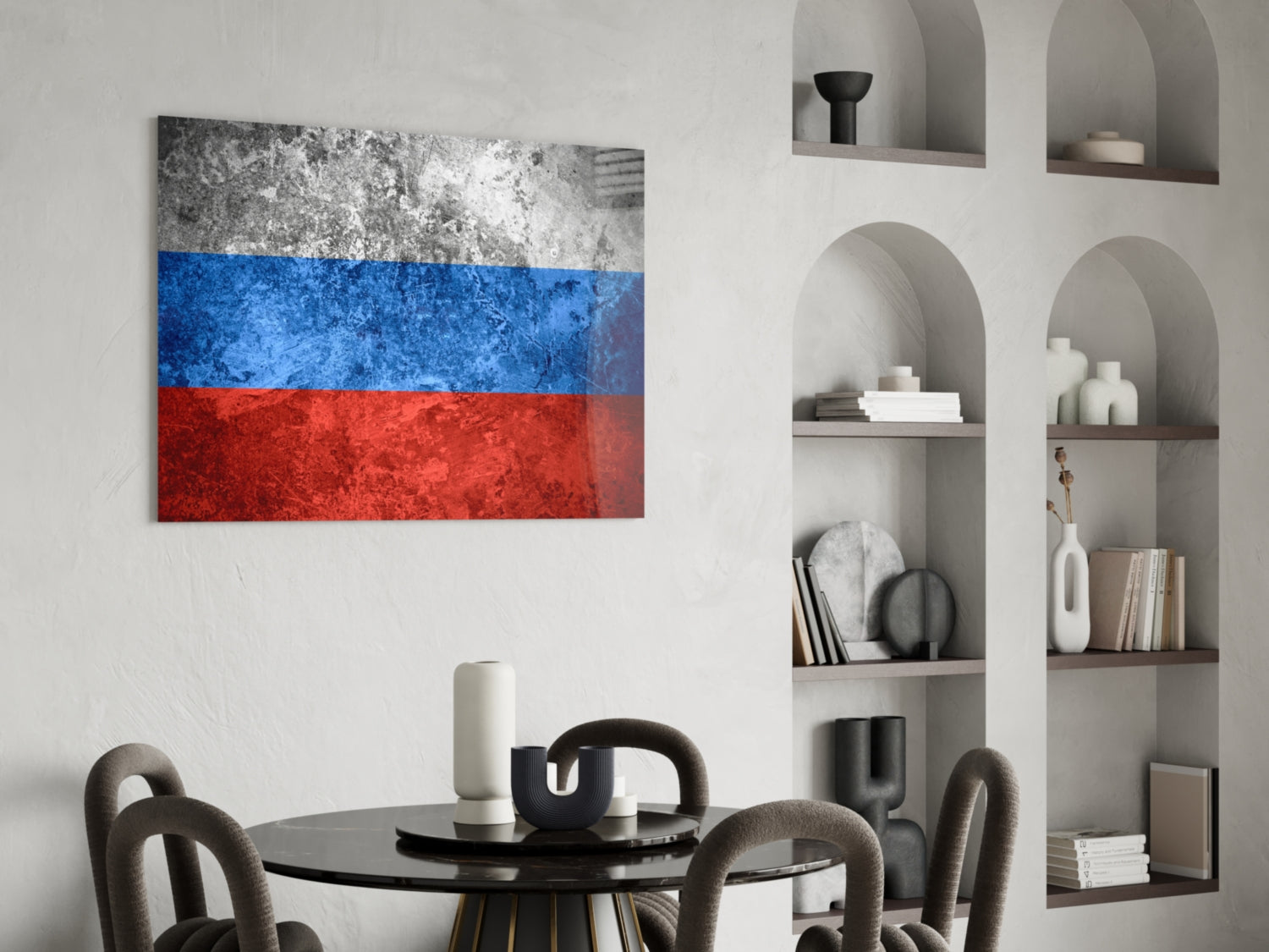 Russian flag glass wall art with white, blue, and red horizontal stripes displayed above dining table in modern interior.