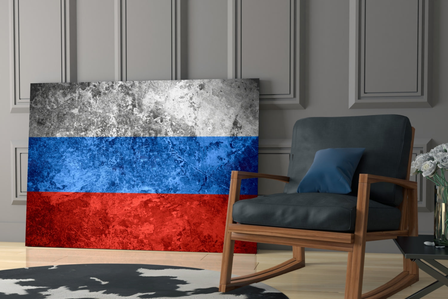 Distressed Russian flag glass panel displaying white, blue, and red horizontal stripes displayed in modern living room beside wooden chair.