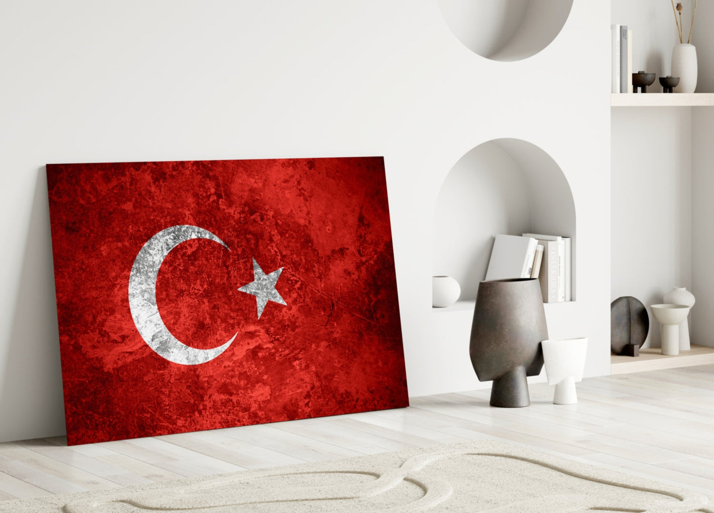 Turkish flag glass panel leaning against white wall in minimalist interior with shelving and decorative objects.
