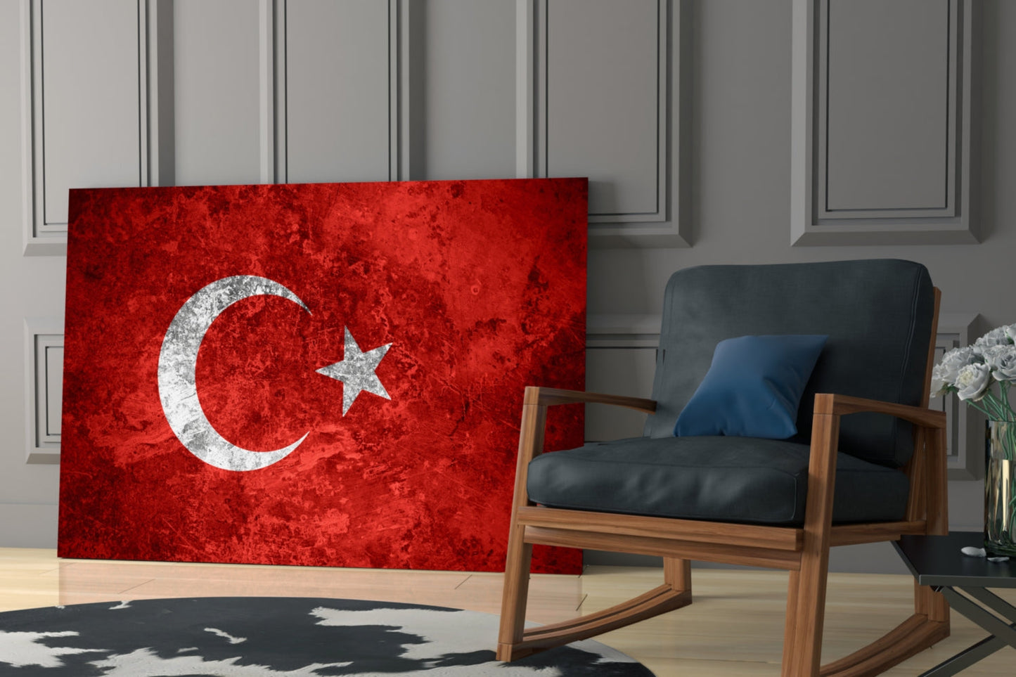Turkish flag glass wall art displayed in modern living room setting with wooden chair and gray paneled wall background.