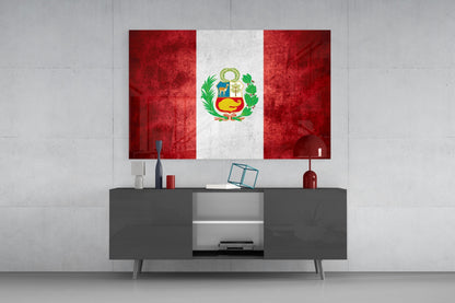 Deep Crimson Grunge Peru Coat of Arms Flag Glass Wall Art
