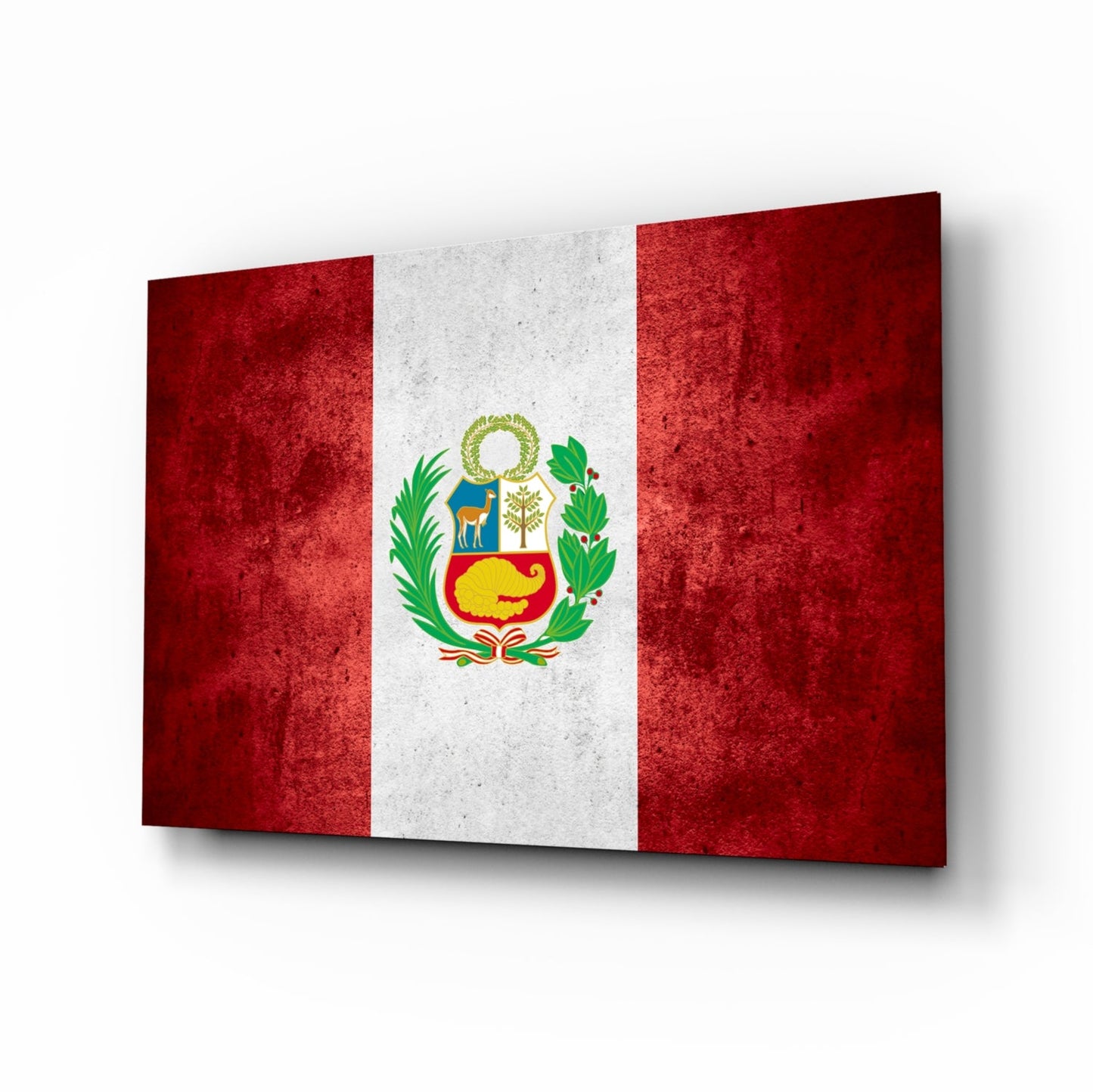 Deep Crimson Grunge Peru Coat of Arms Flag Glass Wall Art