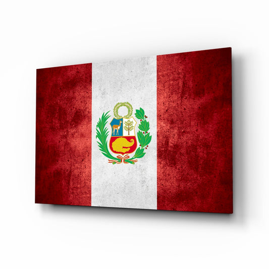 Angled front view of a glass wall art panel displaying Peru's flag with red-white-red stripes and central coat of arms featuring a llama, tree, and cornucopia.