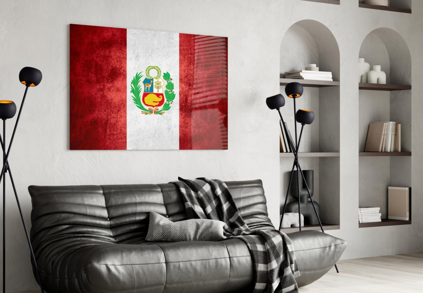 Deep Crimson Grunge Peru Coat of Arms Flag Glass Wall Art