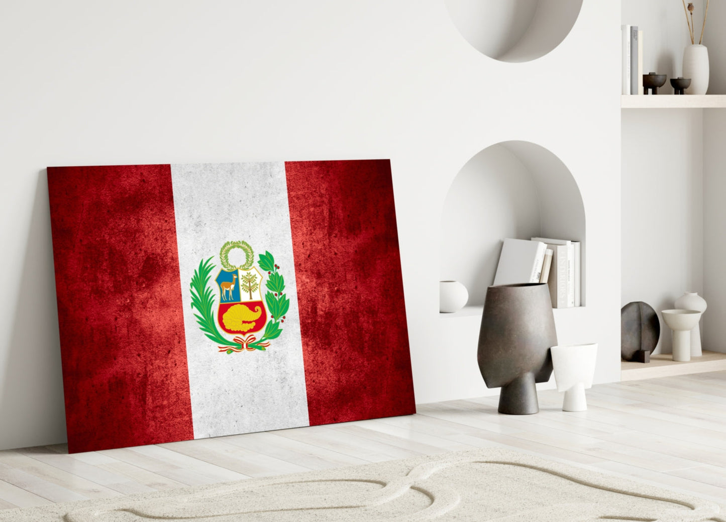 Deep Crimson Grunge Peru Coat of Arms Flag Glass Wall Art