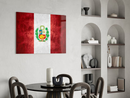 Deep Crimson Grunge Peru Coat of Arms Flag Glass Wall Art
