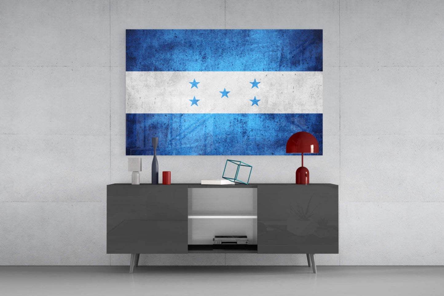 Honduran flag glass wall art displaying blue and white horizontal stripes with five blue stars, mounted above a dark gray media console in a modern interior.