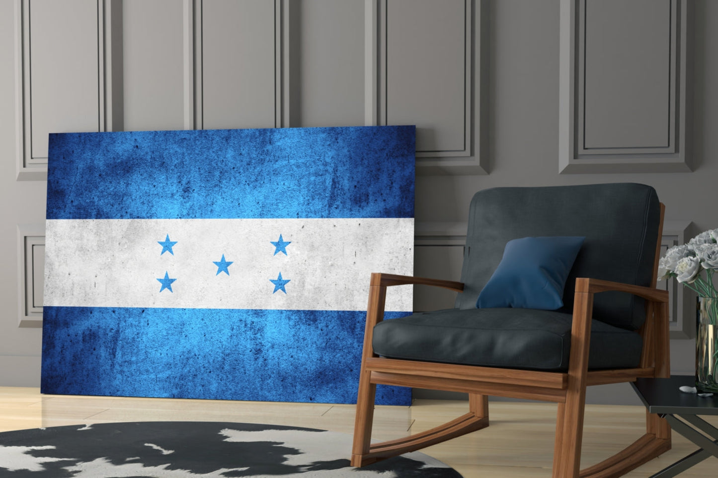 Honduras flag glass wall art displayed horizontally above wooden chair in modern living room setting.